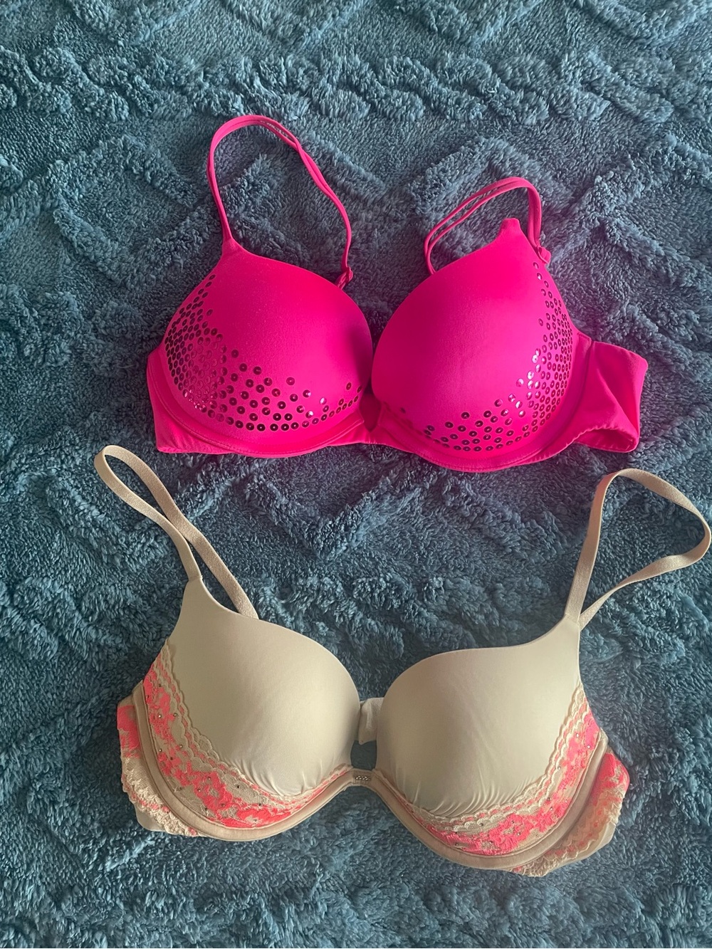 Victoria's Secret Hot Pink Rhinestone Push-Up Bra & Nude Lace Trim Bra